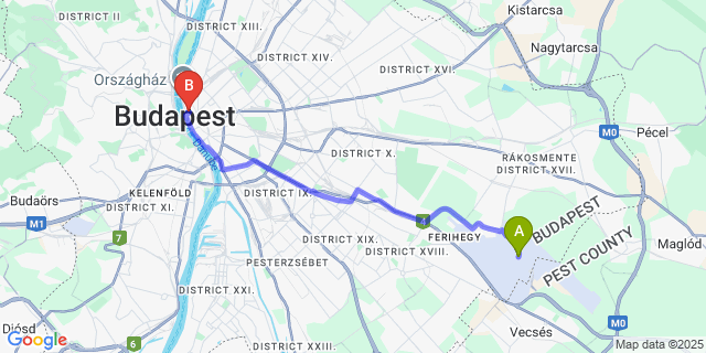 Map: Budapest Airport (BUD), Ferihegy, Liszt Ferenc to Starlight Suiten Hotel Budapest