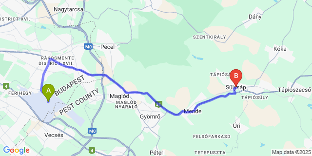Map: Budapest Airport (BUD), Ferihegy, Liszt Ferenc to Sülysáp