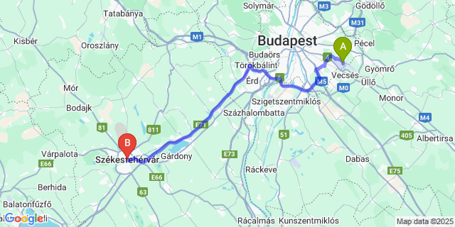 Map: Budapest Airport (BUD), Ferihegy, Liszt Ferenc to Székesfehérvár