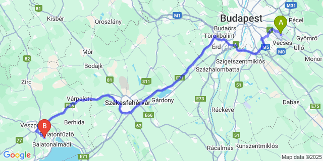 Map: Budapest Airport (BUD), Ferihegy, Liszt Ferenc to Szentkirályszabadja