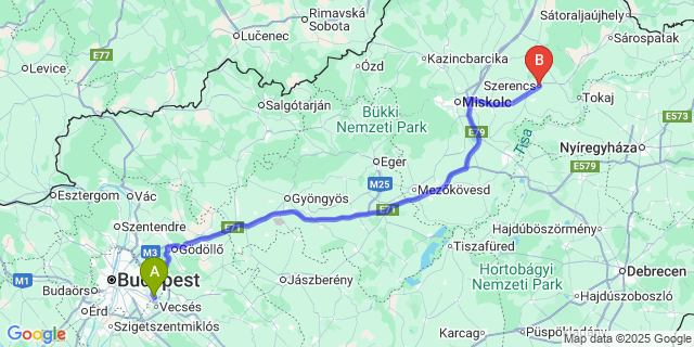 Map: Budapest Airport (BUD), Ferihegy, Liszt Ferenc to Szerencs