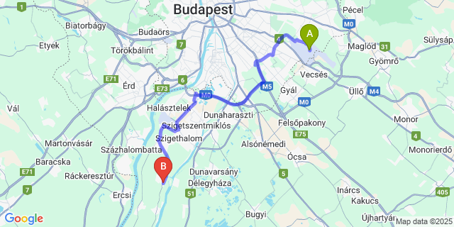 Map: Budapest Airport (BUD), Ferihegy, Liszt Ferenc to Szigetcsép