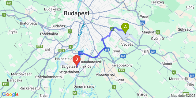 Map: Budapest Airport (BUD), Ferihegy, Liszt Ferenc to Szigetszentmiklós