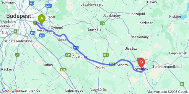 Map: Budapest Airport (BUD), Ferihegy, Liszt Ferenc to Szolnok