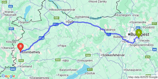 Map: Budapest Airport (BUD), Ferihegy, Liszt Ferenc to Szombathely