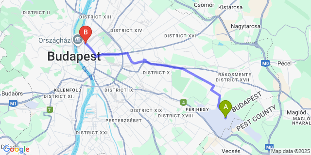 Map: Budapest Airport (BUD), Ferihegy, Liszt Ferenc to T62 Hotel