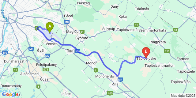 Map: Budapest Airport (BUD), Ferihegy, Liszt Ferenc to Tápióbicske