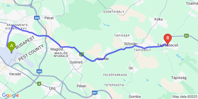 Map: Budapest Airport (BUD), Ferihegy, Liszt Ferenc to Tápiószecsõ