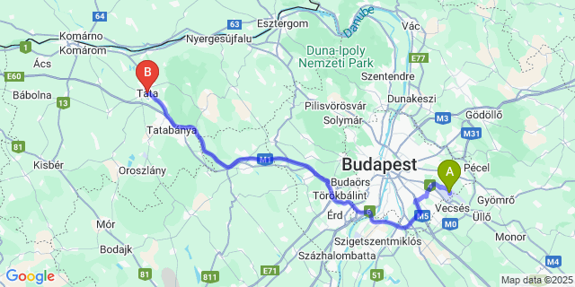 Map: Budapest Airport (BUD), Ferihegy, Liszt Ferenc to Tata