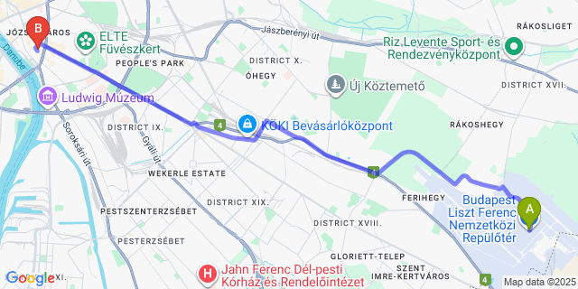 Map: Budapest Airport (BUD), Ferihegy, Liszt Ferenc to Three Corners Lifestyle Hotel