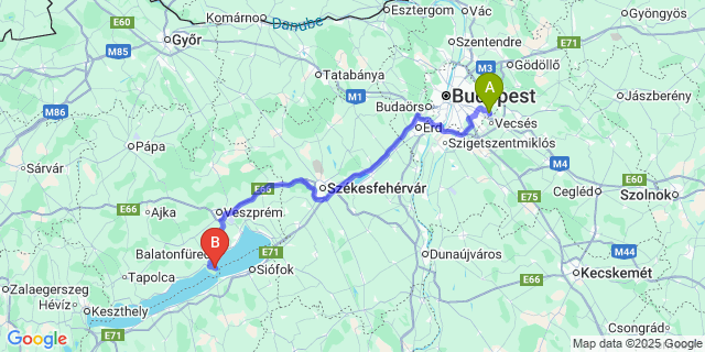 Map: Budapest Airport (BUD), Ferihegy, Liszt Ferenc to Tihany