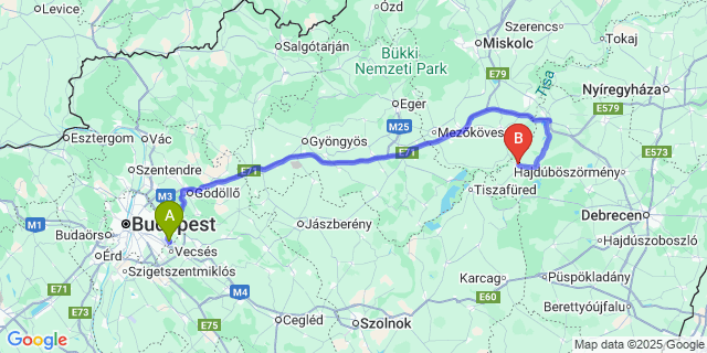 Map: Budapest Airport (BUD), Ferihegy, Liszt Ferenc to Tiszacsege