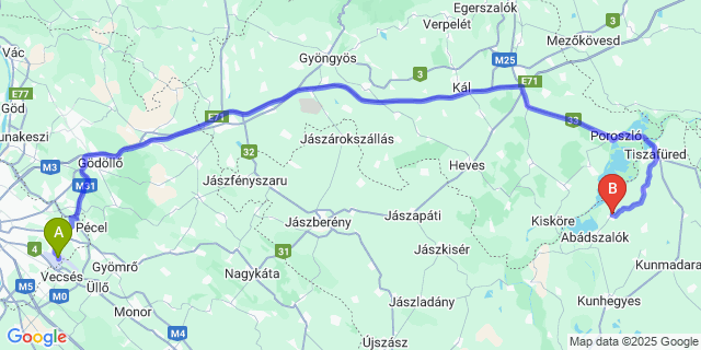 Map: Budapest Airport (BUD), Ferihegy, Liszt Ferenc to Tiszaderzs