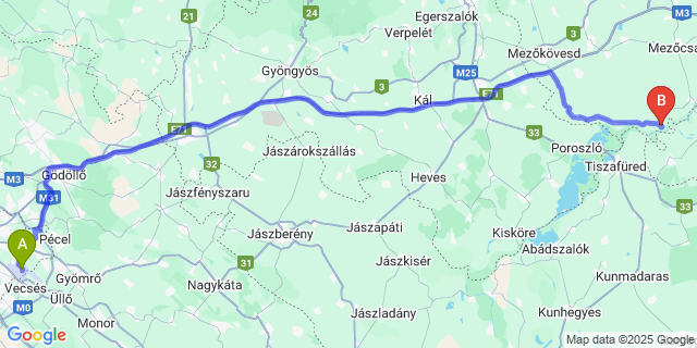 Map: Budapest Airport (BUD), Ferihegy, Liszt Ferenc to Tiszadorogma