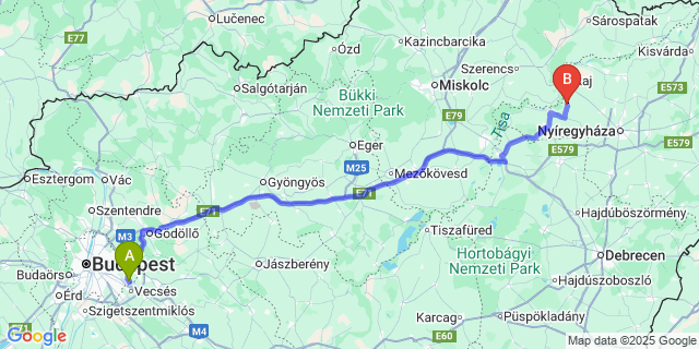 Map: Budapest Airport (BUD), Ferihegy, Liszt Ferenc to Tiszaeszlár