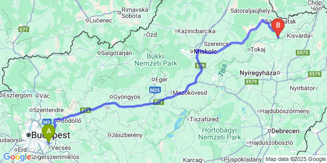Map: Budapest Airport (BUD), Ferihegy, Liszt Ferenc to Tiszakarád