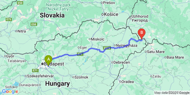 Map: Budapest Airport (BUD), Ferihegy, Liszt Ferenc to Tiszakóród