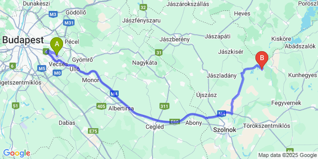 Map: Budapest Airport (BUD), Ferihegy, Liszt Ferenc to Tiszasüly