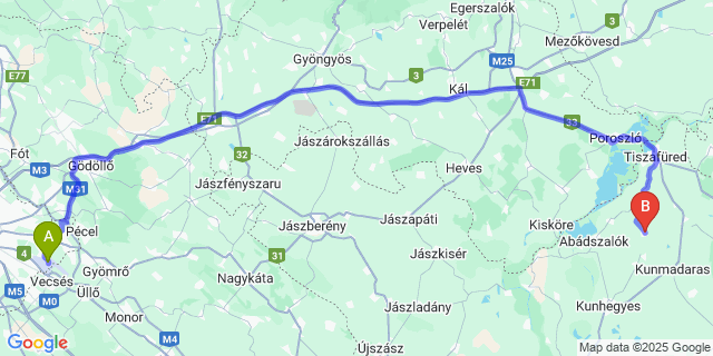 Map: Budapest Airport (BUD), Ferihegy, Liszt Ferenc to Tiszaszentimre