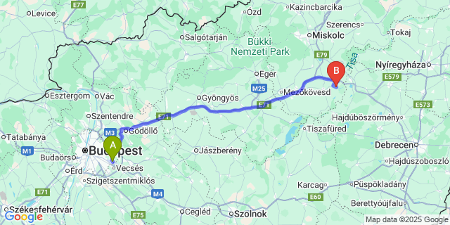 Map: Budapest Airport (BUD), Ferihegy, Liszt Ferenc to Tiszatarján
