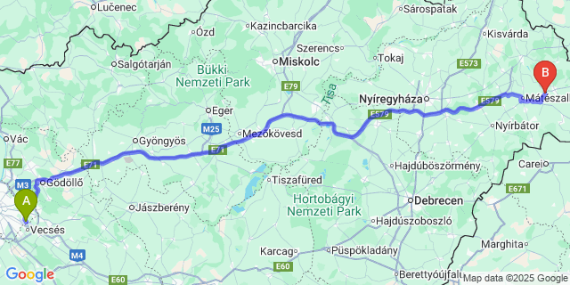 Map: Budapest Airport (BUD), Ferihegy, Liszt Ferenc to Tunyogmatolcs