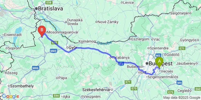 Map: Budapest Airport (BUD), Ferihegy, Liszt Ferenc to Újrónafő
