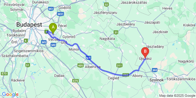 Map: Budapest Airport (BUD), Ferihegy, Liszt Ferenc to Újszász