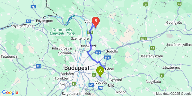 Map: Budapest Airport (BUD), Ferihegy, Liszt Ferenc to Vácduka