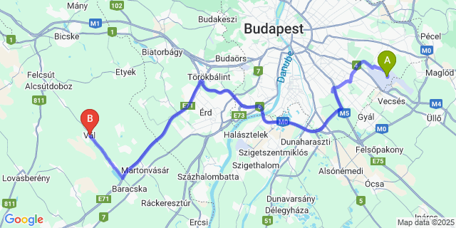 Map: Budapest Airport (BUD), Ferihegy, Liszt Ferenc to Vál