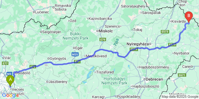 Map: Budapest Airport (BUD), Ferihegy, Liszt Ferenc to Vámosatya
