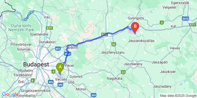 Map: Budapest Airport (BUD), Ferihegy, Liszt Ferenc to Vámosgyörk