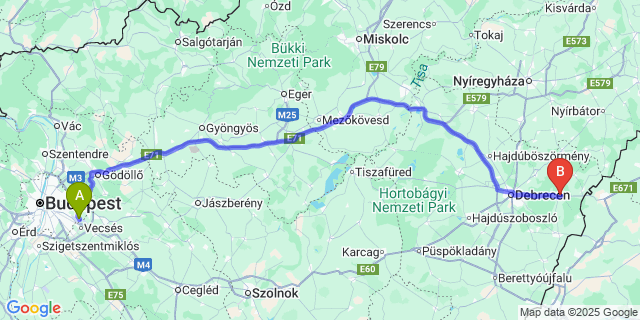 Map: Budapest Airport (BUD), Ferihegy, Liszt Ferenc to Vámospércs