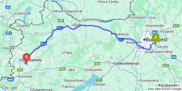 Map: Budapest Airport (BUD), Ferihegy, Liszt Ferenc to Vasszécseny