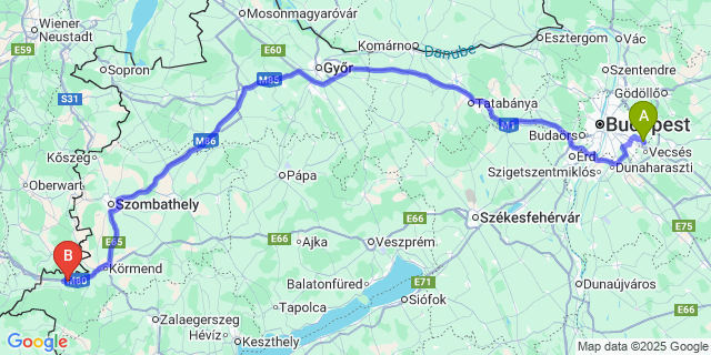 Map: Budapest Airport (BUD), Ferihegy, Liszt Ferenc to Vasszentmihály