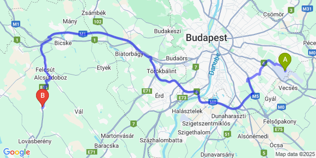 Map: Budapest Airport (BUD), Ferihegy, Liszt Ferenc to Vértesacsa
