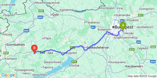 Map: Budapest Airport (BUD), Ferihegy, Liszt Ferenc to Veszprémgalsa