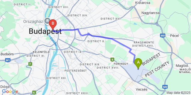 Map: Budapest Airport (BUD), Ferihegy, Liszt Ferenc to Wombat’s City Hostel Budapest