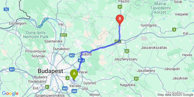 Map: Budapest Airport (BUD), Ferihegy, Liszt Ferenc to Zagyvaszántó