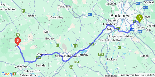 Map: Budapest Airport (BUD), Ferihegy, Liszt Ferenc to Zirc