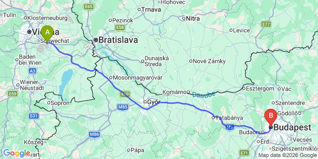 Map: Vienna Airport (VIE) to Budapest city (all areas)