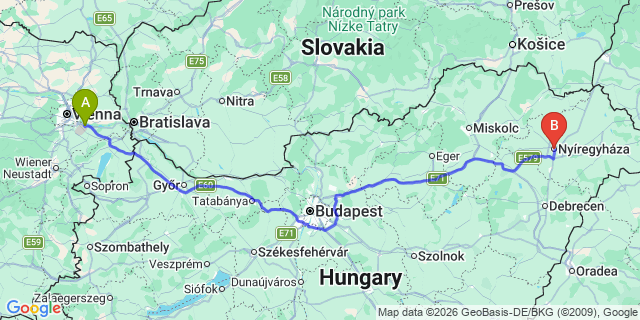 Map: Vienna Airport (VIE) to Nyíregyháza